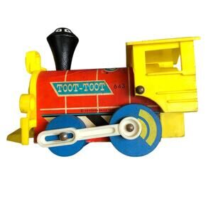 Vintage Fisher Price Train Engine 1964 Locomotive Toy #643 Toot Toot Blue Wheels